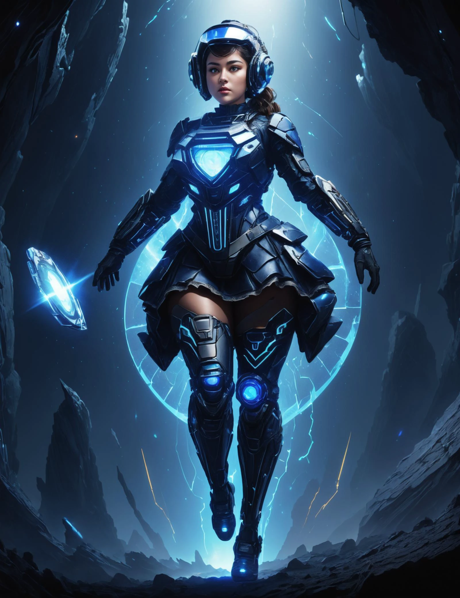 hyper detailed masterpiece, dynamic, awesome quality,DonMFr4ck7ur3dUnd3rw0rld female time-travel law enforcement officer, teleporting entitie- surrounded by glimmering, swirling lights during teleportation, adolescence, full-figured, scandinavian, light brown eyes, pointed chin, pointed jaw, angular forehead, heart face shape, toned back, natural "no-makeup" makeup , indigo chignon hair, anger,
suspended above the ground using anti-gravity or jetpacks.,
wearing plasma-lace ruffled skirt, dark brown solar-powered mesh plasma core texture cybernetic corset, thermal-regulating slipper socks, electromesh space helmet, , showing off futuristic clothing or wearable technology. <lora:DonMFr4ck7ur3dUnd3rw0rld-000009:0.75>
