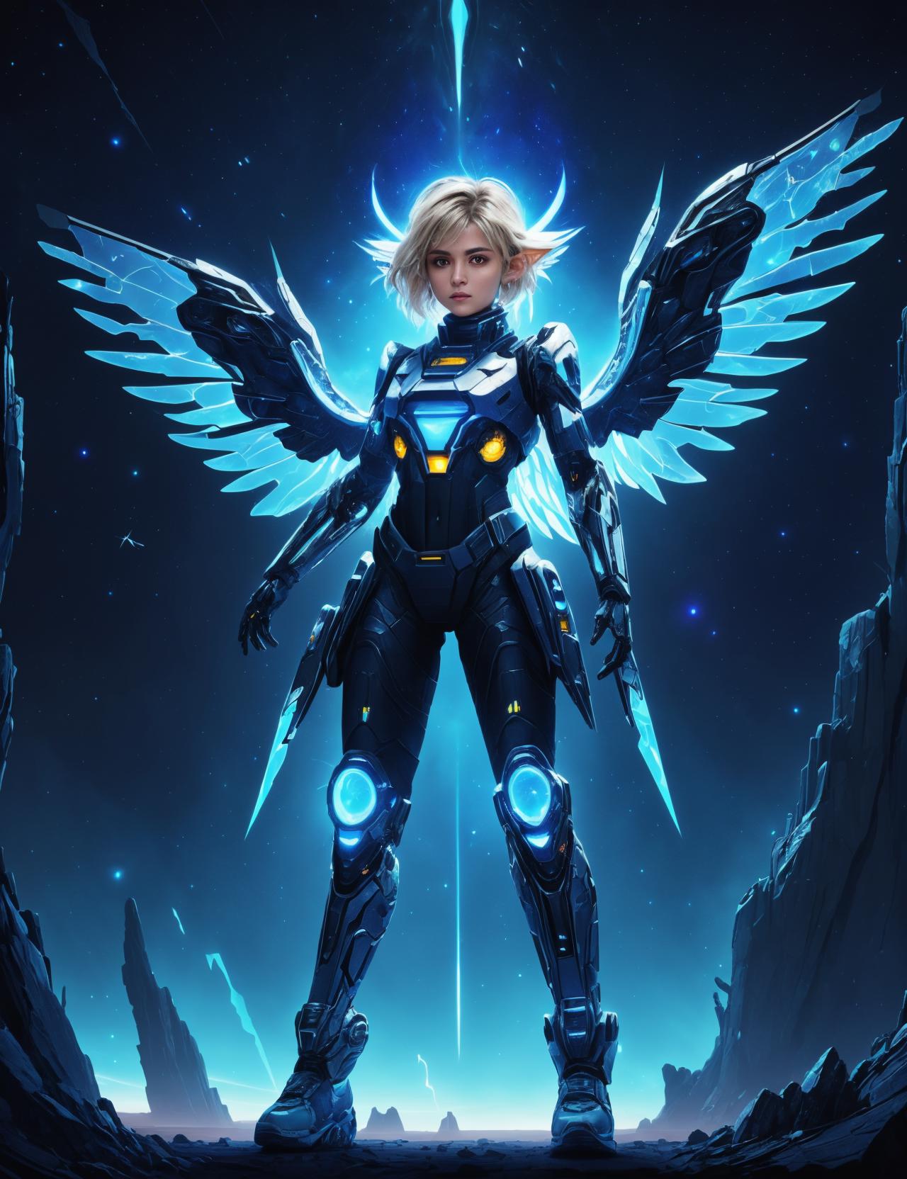 A woman in a futuristic outfit with wings and a halo - SeaArt AI