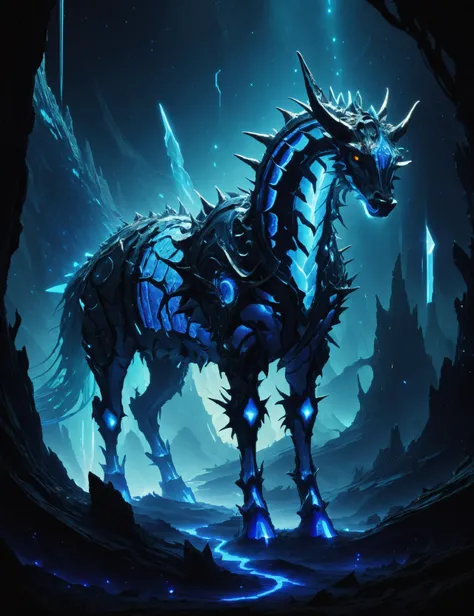 hyper detailed masterpiece, dynamic, awesome quality,DonMFr4ck7ur3dUnd3rw0rld large bioluminescent extraterrestrial geometric serpentine organism, hoofed, spiked-tailed, bark-like skin, <lora:DonMFr4ck7ur3dUnd3rw0rld-000009:0.75>
