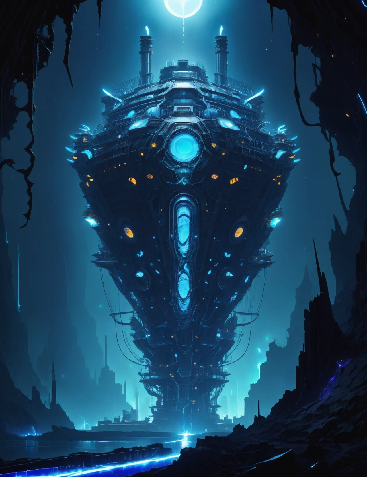 hyper detailed masterpiece, dynamic, awesome quality,DonMFr4ck7ur3dUnd3rw0rld power plants, metal cladding, moonlight,bioluminescent jellyfish, neon lights <lora:DonMFr4ck7ur3dUnd3rw0rld-000009:0.75>