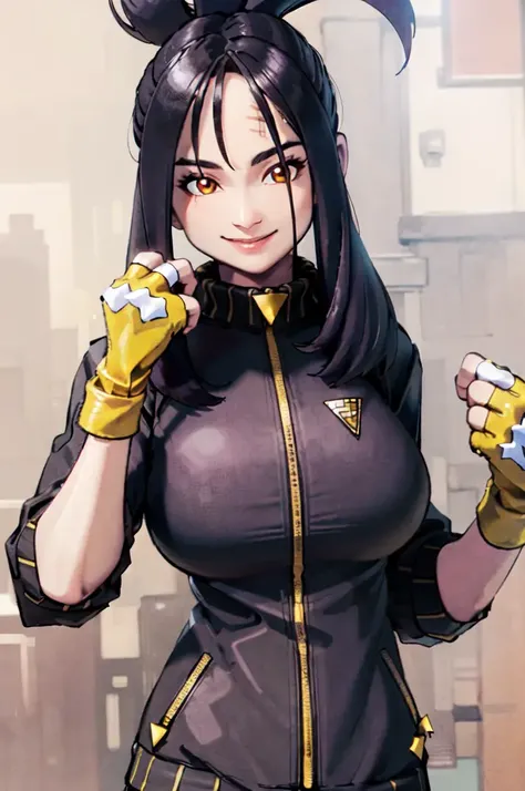 (masterpiece, best quality:1.2) dendra, pokemon, 1girl, solo, long hair, black hair, large breasts, smile, scar on forehead, cross scar, black hair, yellow eyes, fingerless gloves, black jacket, track jacket, yellow gloves, simple background, <lora:kenSugimori1990sClassic_v12:0.7> <lora:DENDRA-15:0.8>