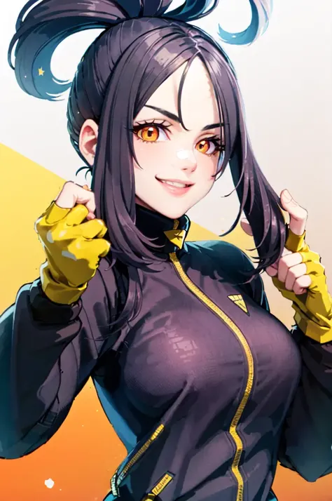 (masterpiece, best quality:1.2) dendra, pokemon, 1girl, solo, long hair, black hair, large breasts, smile, scar on forehead, cross scar, black hair, yellow eyes, fingerless gloves, black jacket, bandaid on face, track jacket, yellow gloves, simple background, <lora:DENDRA-15:0.8>