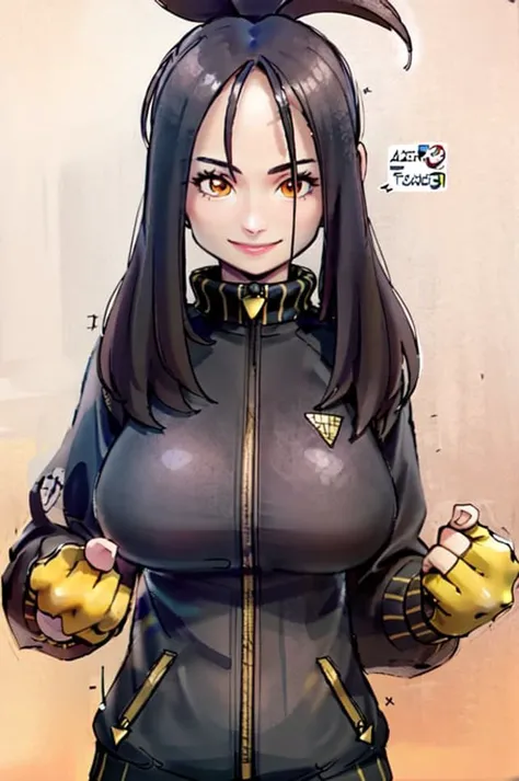 (masterpiece, best quality:1.2) dendra, pokemon, 1girl, solo, long hair, black hair, large breasts, smile, scar on forehead, cross scar, black hair, yellow eyes, fingerless gloves, black jacket, clenched hands, track jacket, yellow gloves, simple background,  <lora:kenSugimori1990sClassic_v12:0.7> <lora:DENDRA-15:0.9>