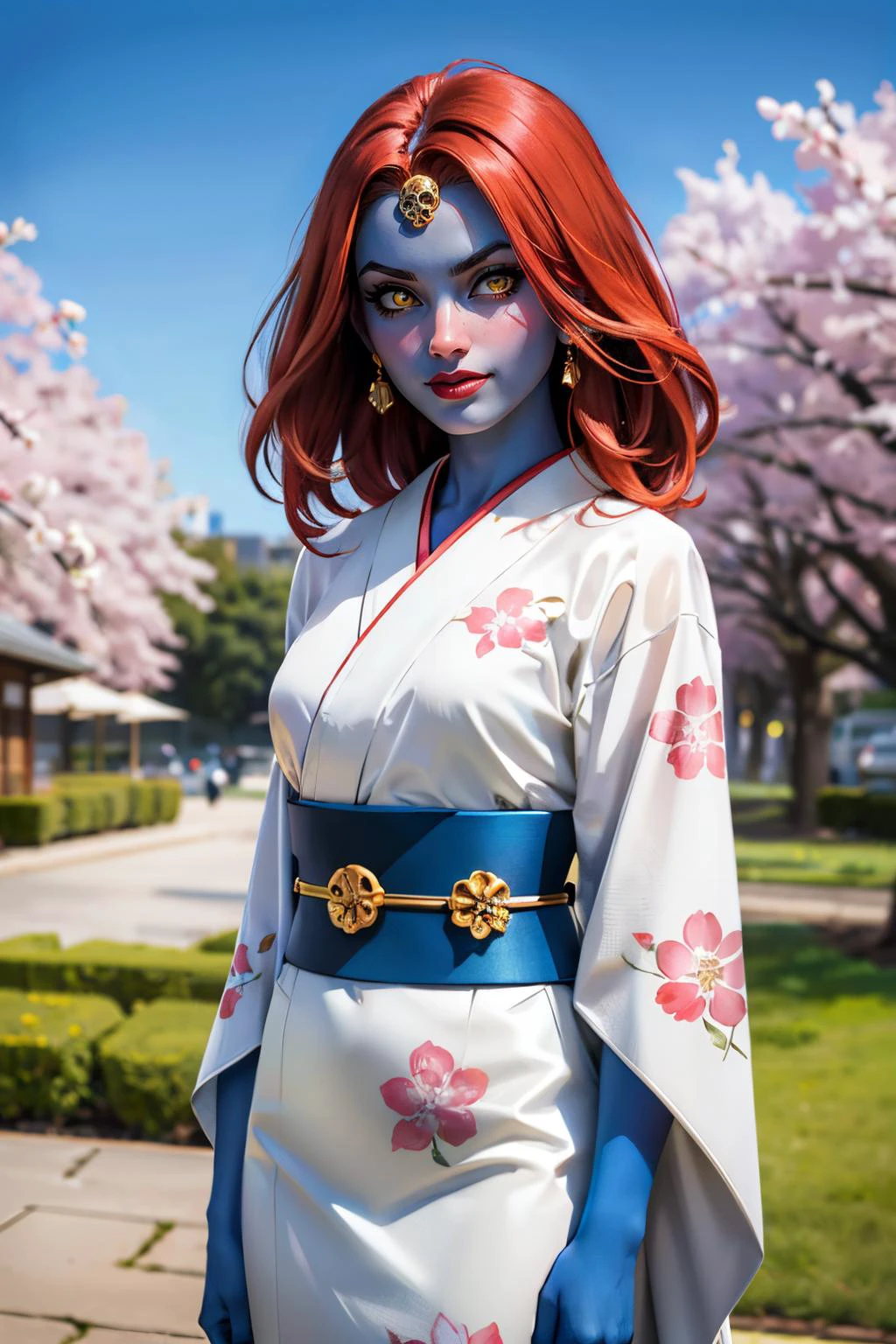 mystique, yellow sclera, forehead jewel, (colored skin, blue skin:1.1),red lipstick,traditional kimono, sash, floral pattern, looking at viewer, serious, smirk, standing, outside, cherry blossom, garden, blue sky, high quality, masterpiece <lora:mystique-guy-v2:.8>