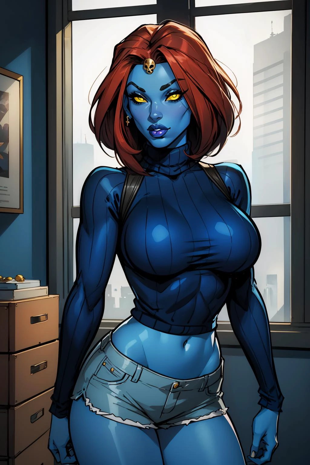 masterpiece, best quality, 1girl, solo, looking at viewer, breasts, <lora:mystique-guy-v2:.9>, mystique, yellow sclera, (blue skin:1.2), forehead jewel, shorts, turtleneck sweater,