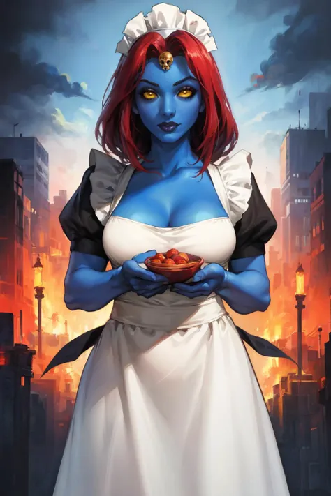 masterpiece, best quality, 1girl, solo, looking at viewer, breasts,  <lora:mystique-guy-v2:.9>, mystique, yellow sclera, (blue skin:1.2), forehead jewel, maid, apron, maid headdress, cleavage