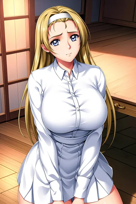 marikawa shizuka, white shirt, red ribbon, masterpiece, best quality, highly detailed, huge breasts, smile, cleavage, bust, masterpiece, best quality, 1girl, 1boy, , paizuri, pov, breasts squeezed together,