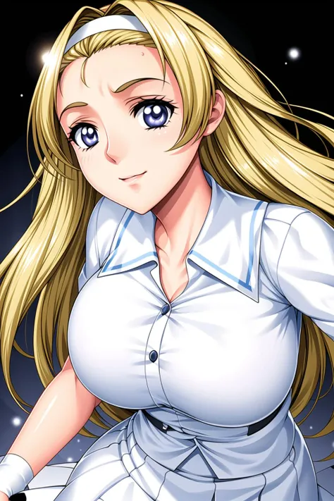 Simple White Background,
white shirt,white skirt,collared shirt,
<lora:Akemi_Mikihara_Isaku-KK77-V1:0.7>,
blonde hair,white hairband,blue eyes,long hair,
<lora:Mariana_Luciano_NON_VIRGIN-KK77-V1:0.3>,<lora:more_details:0.1>,
1 girl, 20yo,Young female,Beautiful Finger,Beautiful long legs,Beautiful body,Beautiful Nose,Beautiful character design, perfect eyes, perfect face,expressive eyes,perfect balance,
looking at viewer,(Focus on her face),closed mouth, (innocent_big_eyes:1.0),Light_Smile,
official art,extremely detailed CG unity 8k wallpaper, perfect lighting,Colorful, Bright_Front_face_Lighting,shiny skin,
(masterpiece:1.0),(best_quality:1.0), ultra high res,4K,ultra-detailed,
photography, 8K, HDR, highres, absurdres:1.2, Kodak portra 400, film grain, blurry background, bokeh:1.2, lens flare, (vibrant_color:1.2),professional photograph,
(Beautiful,large_Breasts:1.4), (beautiful_face:1.5),(narrow_waist),