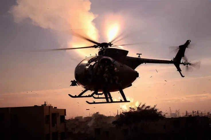 analog gloomy aerial photo of a (Little Bird helicopter, <lora:l1ttl3b1rd:1>), ((nighttime)), (flying over Mogadishu ruins (on fire) at night), (explosions on the ground), (tracer gunfire), High Detail, Sharp focus, (photorealism), realistic, best quality, 8k, award winning, dramatic lighting, epic, cinematic, masterpiece, rim light, (action movie), war, depth of field, dutch angle,