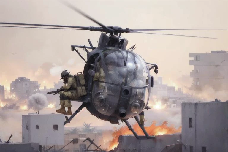 analog gloomy aerial photo of a (Little Bird helicopter, <lora:l1ttl3b1rd:1>), ((nighttime)), (flying over Mogadishu ruins (on fire) at night), (explosions on the ground), (tracer gunfire), High Detail, Sharp focus, (photorealism), realistic, best quality, 8k, award winning, dramatic lighting, epic, cinematic, masterpiece, rim light, (action ), war, depth of field, dutch angle,