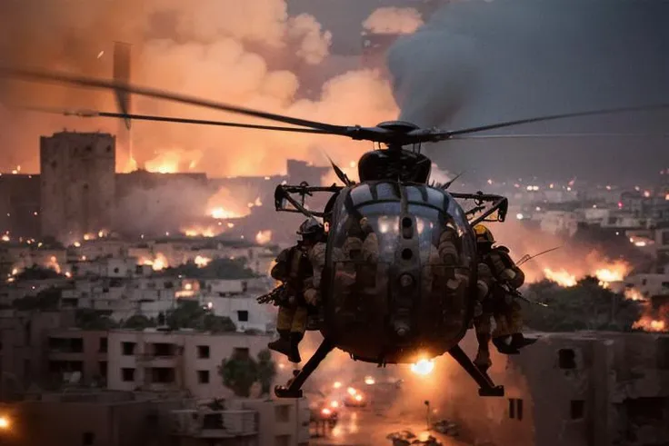 analog gloomy aerial photo of a (Little Bird helicopter, <lora:l1ttl3b1rd:1>), ((nighttime)), (flying over Mogadishu ruins (on fire) at night), (explosions on the ground), (tracer gunfire), High Detail, Sharp focus, (photorealism), realistic, best quality, 8k, award winning, dramatic lighting, epic, cinematic, masterpiece, rim light, (action movie), war,  depth of field, dutch angle,