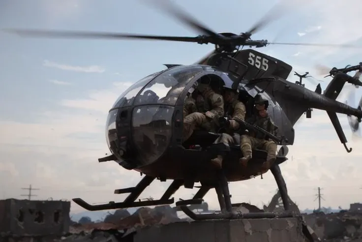 analog gloomy aerial photo of a (Little Bird helicopter, <lora:l1ttl3b1rd:1>), ((nighttime)), (flying over Mogadishu ruins (on fire) at night), (explosions on the ground), (tracer gunfire), High Detail, Sharp focus, (photorealism), realistic, best quality, 8k, award winning, dramatic lighting, epic, cinematic, masterpiece, rim light, (action movie), war, depth of field, dutch angle,
