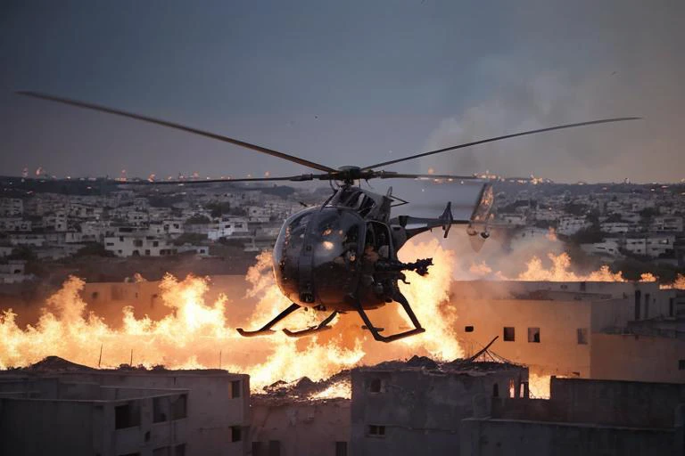 analog gloomy aerial photo of a (Little Bird helicopter, <lora:l1ttl3b1rd:1>), ((nighttime)), (flying over Mogadishu ruins (on fire) at night), (explosions on the ground), (tracer gunfire), High Detail, Sharp focus, (photorealism), realistic, best quality, 8k, award winning, dramatic lighting, epic, cinematic, masterpiece, rim light, (action ), war, depth of field, dutch angle,