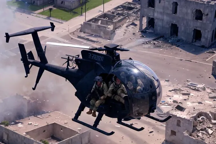 analog gloomy aerial photo of a (Little Bird helicopter, <lora:l1ttl3b1rd:1>), ((nighttime)), (flying over Mogadishu ruins (on fire) at night), (explosions on the ground), (tracer gunfire), High Detail, Sharp focus, (photorealism), realistic, best quality, 8k, award winning, dramatic lighting, epic, cinematic, masterpiece, rim light, (action movie), war, depth of field, dutch angle,