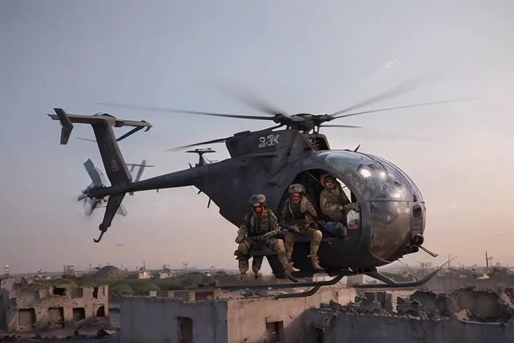 analog gloomy aerial photo of a (Little Bird helicopter, <lora:l1ttl3b1rd:1>), ((nighttime)), (flying over Mogadishu ruins (on fire) at night), (explosions on the ground), (tracer gunfire), High Detail, Sharp focus, (photorealism), realistic, best quality, 8k, award winning, dramatic lighting, epic, cinematic, masterpiece, rim light, (action movie), war, depth of field, dutch angle,