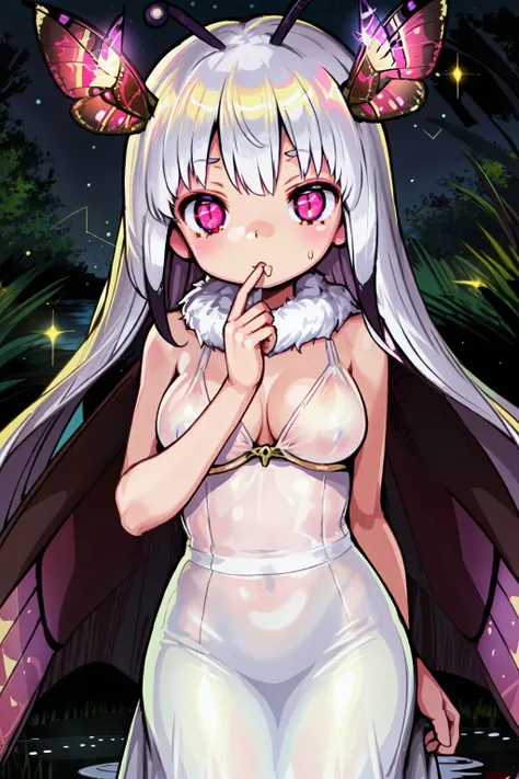 1girl, reclining, looking at viewer, beautiful eyes, (moth girl, moth antennae, fur moth wings:1.1), white hair, pink eyes, very long hair, medium breasts, (covered nipples:0.9), see-through, sheer, long skirt, stoic, glitter lights, flower, plant, pond, reflection, night, moon, bloom effect <hypernet:mothlikev2:0.6> <lora:gyokai_himehajime_style_v01.08:1>