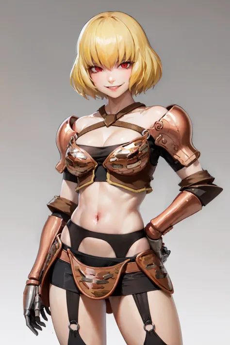 (masterpiece, best quality:1.2), <lora:ol_clementine-10:0.8>, cowboy shot, solo, 1girl, clementine \(overlord\), evil smile, looking at viewer, hand on hip, armor, garter belt, gauntlets
