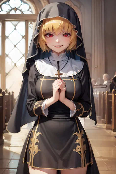 (masterpiece, best quality:1.2), <lora:ol_clementine-10:0.7>, cowboy shot, solo, 1girl, clementine \(overlord\), evil smile, looking at viewer, own hands together, nun hood, nun outfit, cross necklace, church