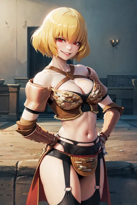 (masterpiece, best quality:1.2), <lora:ol_clementine-10:0.8>, cowboy shot, solo, 1girl, clementine \(overlord\), evil smile, looking at viewer, hand on hip, armor, garter belt, gauntlets