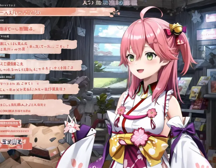 masterpiece, best quality, highres,
1girl,solo,
<lora:sakura miko_v1:1>,miko1, sakura miko, 1girl, green eyes, solo, ahoge, x hair ornament, pink hair, single thighhigh, sideboob, hairclip, hair bell, floral print, long hair, hair between eyes, one side up, white thighhighs, asymmetrical legwear, wide sleeves
smile,open mouth,
<lora:vtubercutoutSD1.5:0.8>,vtubercutout,indoor,text,livestream,fake screenshot,