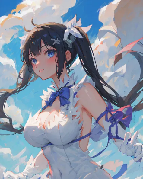 mksks style, masterpiece, best quality, long eyelashes, eyeliner, eyeshadow, mascara, colorful, pink lips, deep skin, looking at viewer, upper body, curvy, hestia (danmachi), 1girl, breasts, solo, long hair, blue ribbon, twintails, gloves, ribbon, dress, rei no himo, large breasts, blue eyes, black hair, white gloves, cleavage, white dress, looking at viewer, closed mouth, hair ribbon, bow, sleeveless, sleeveless dress, bangs, blush, cleavage cutout, hair ornament, bowtie, clothing cutout, very long hair, covered navel, arm ribbon, shiny skin, outdoors, grassy fields, blue sky, cloudy sky, tight, taut dress, breast focus, upper body, ultra-detailed, illustration, close-up, straight on, portrait, face focus, :p, tongue out