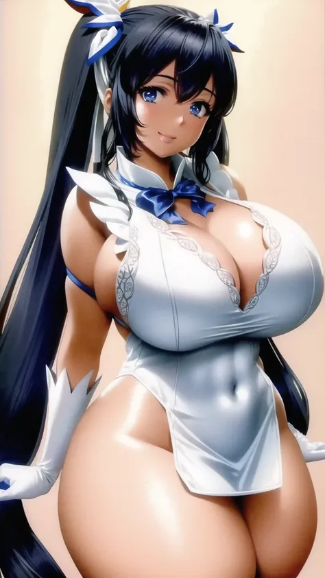 masterpiece, best quality, extremely beautiful and delicate, extremely detailed, intricate detail,
vivid colors, colorful, bloom, scenery, field,
1girl, hestia (danmachi), breasts, long hair, blue ribbon, twintails, gloves, ribbon, dress, rei no himo, large breasts, blue eyes, black hair, white gloves, cleavage, white dress, hair ribbon, bow, sleeveless, sleeveless dress, bangs, cleavage cutout, hair ornament, bowtie, clothing cutout, very long hair, covered navel, arm ribbon
glossy skin, looking at viewer, eyes, eyelashes, smile, happy, lips, curvy, (huge breasts:1.25), (narrow waist:1.25), wide hips, (thick thighs:1.25)