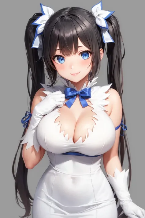 ultra-detailed, extremely detailed, masterpiece, highest quality, absurdres, (simple gray background:1.1), (1girl:1.4), (skin pores:1.2), shiny skin, glossy skin, (blush:0.2), smile, (looking at viewer:1.1), (detailed eyes, eyes reflection), <lora:hestiaDanmachiLora_v10:0.66>, hestia (danmachi), breasts, long hair, blue ribbon, twintails, gloves, ribbon, dress, rei no himo, blue eyes, black hair, white gloves, cleavage, white dress
