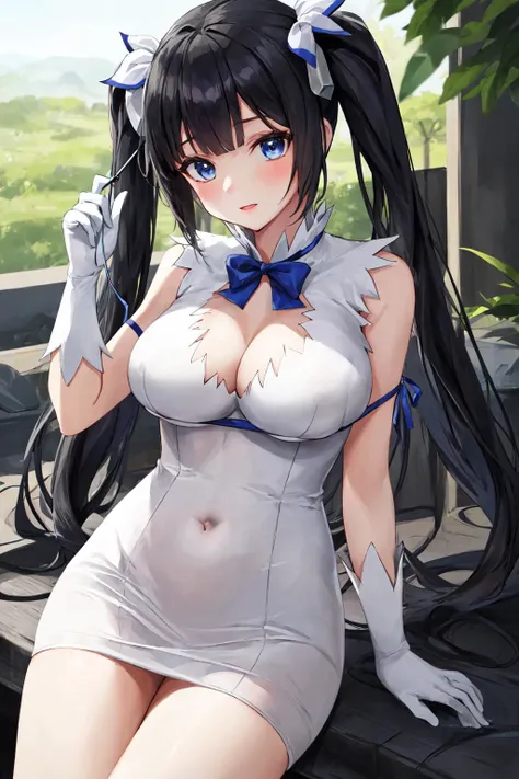 masterpiece, best quality BREAK solo, hestia \(danmachi\), breasts, long hair, blue ribbon, twintails, gloves, ribbon, dress, rei no himo, large breasts, blue eyes, black hair, white gloves, cleavage, white dress, hair ribbon, bow, sleeveless, sleeveless dress, bangs, cleavage cutout, hair ornament, bowtie, clothing cutout, very long hair, covered navel, arm ribbon, <lora:Hestia:0.7>