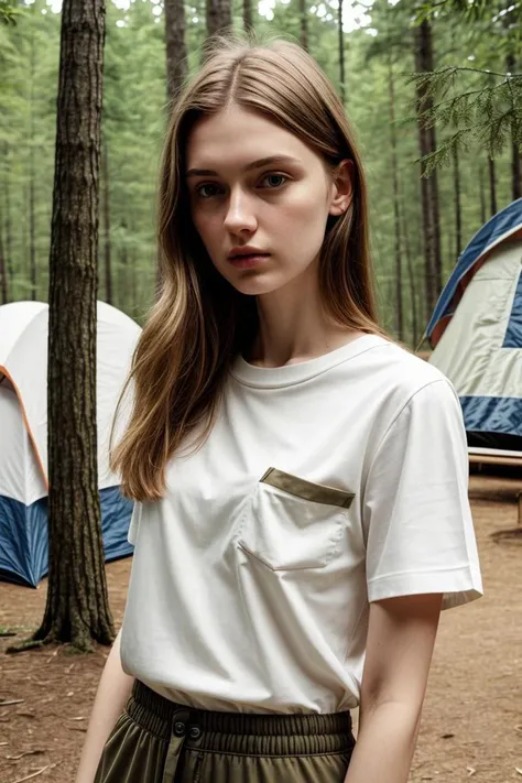 <lora:kawaii7.1.3_obj20:0.75:0.25>, European woman, closeup, (shirt), pants, (koa campground), (), ZM_afet, wide shoulders, perfect face, (contact iris: 1.1), pale skin, skin pores , depth of field