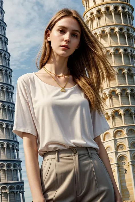 <lora:kawaii7.1.3_obj20:0.75:0.25>, European woman, closeup, (shirt), pants, (leaning tower of pisa), gold necklace , ZM_afet, wide shoulders, perfect face, (contact iris: 1.1), pale skin, skin pores , depth of field