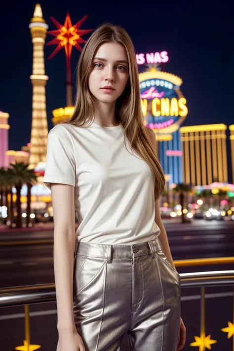 <lora:kawaii7.1.3_obj20:0.75:0.25>, European woman, closeup, (shirt), pants, (las vegas strip), (), ZM_afet, wide shoulders, perfect face, (contact iris: 1.1), pale skin, skin pores , depth of field