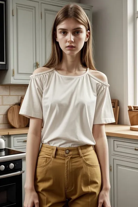 <lora:kawaii7.1.3_obj20:0.75:0.25>, European woman, closeup, (shirt), pants, (kitchen), (), ZM_afet, wide shoulders, perfect face, (contact iris: 1.1), pale skin, skin pores , depth of field