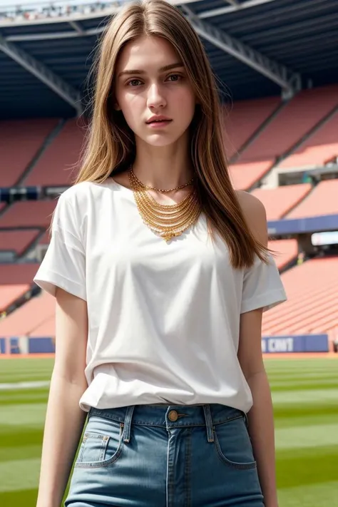 <lora:kawaii7.1.3_obj20:0.75:0.25>, European woman, closeup, (shirt), pants, (at a stadium), gold necklace , ZM_afet, wide shoulders, perfect face, (contact iris: 1.1), pale skin, skin pores , depth of field