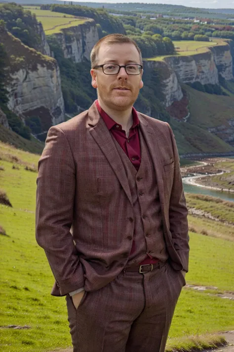 frankie boyle, standing, portrait, face, Scottish cliffs, daytime , gray suit <lora:FrankieV2:1>