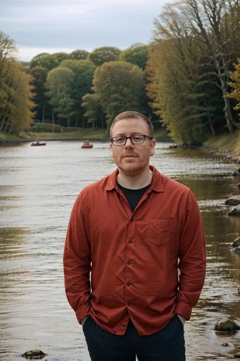 frankie boyle, portrait, face, standing, river Thames, daylight, sky in background <lora:FrankieV2:1>