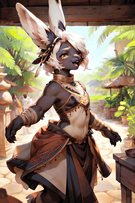 <lora:add_detail:0.7>, <lora:Furtastic_Detailer:0.5>,
 (wildlife photography), masterpiece,
three-quarter view, side view, high angle, solo,
(furry) (anthro) female, rabbit, <lora:mineru2.2:0.6>, mineru, mineruwear, zonai, white hair, clothed,
<lora:Bilac:0.6>, bilac, brown fur, short hair, brown hair, yellow eyes, bandages, rabbit ears,
detailed and extremely fluffy body fur, chibi, glossy fur, young adult, thick thighs, cute, young,
hair over eye,
movement pose,
feathered hair ornament,
Victorian-inspired gothic corset paired with a layered tulle skirt, adorned with lace and satin ribbons, (midriff:0.5), intricate tube top, vest,
happy, open mouth,
uploaded on e621, by Anixaila, by Youjomodoki, by Demicoeur, by castitas, by darkgem, (by dagasi:0.5), by cotora,
<lora:FurryCoreV2New:0.5>, furrycore,
<lora:dancer_v7-1-NAI-32:0.2>, harem outfit, dancer, dancing, see-through,
<lora:Furtastic_Detailer:0.4>,
<lora:blackSkin:0.1> , blackskin,
[[becky blackbell, <lora:becky_blackbell-12:0.2>]],
evening,
Lush Forest, Towering trees with vibrant foliage, illuminated by streaks of sunlight, concealing hidden pathways,
Freshly fallen coconuts scattered near palm trees,
Haunting anvient pipe Organ,
cinematic composition, hi res, 8k, cinematic lighting, stunningly beautiful, concept art, highly detailed,
masterpiece, best quality, realistic, (intricate:0.9), (high detail:1.4), film photography, sharp focus,