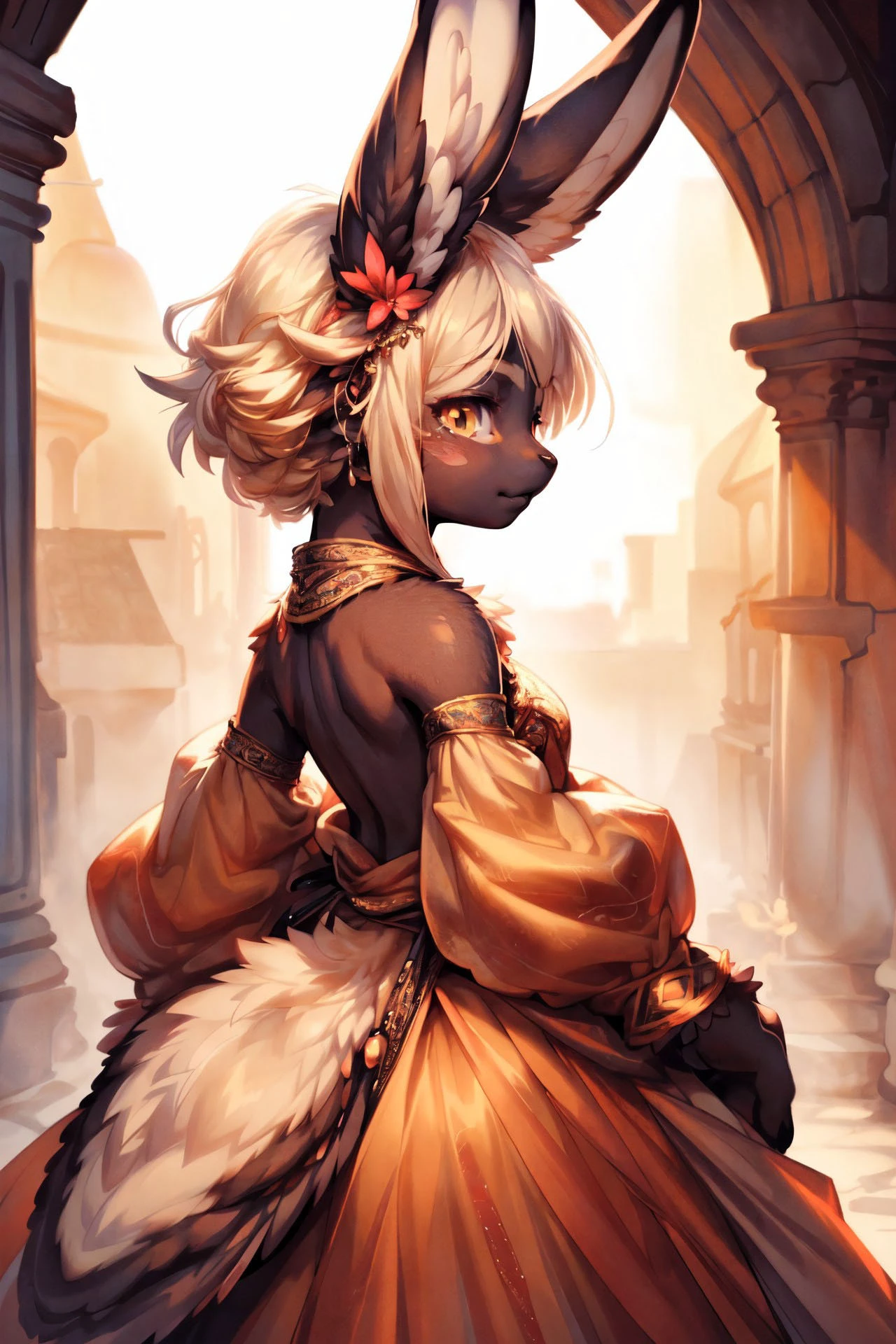 <lora:add_detail:0.7>, <lora:Furtastic_Detailer:0.5>,
 (wildlife photography), masterpiece,
rear view, backside, seen from behind, high angle, solo,
(furry) (anthro) female,  (rabbit), <lora:Nanachi_02:0.5> nanachi \(made in abyss\),
(bunny), <lora:Bilac:0.5>, bilac, brown fur, short hair, brown hair, yellow eyes, suspenders, bandages, rabbit ears, orange pants,
detailed and extremely fluffy body fur, glossy fur, young adult, thick thighs, cute,
hair ornament,
standing, hands on hip,
Mischievous,
bow ribbon,
Butterfly Monarch Gown, Flowing gown in vibrant hues mimicking butterfly wings, delicate patterns and wing-shaped sleeves,
uploaded on e621, by Anixaila, by Youjomodoki, by Demicoeur, by castitas, by darkgem, (by dagasi:0.5), by cotora,
<lora:FurryCoreV2New:0.5>, furrycore,
<lora:dancer_v7-1-NAI-32:0.4> harem outfit,
<lora:Furtastic_Detailer:0.4>,
<lora:blackSkin:0.4>, blackskin,
[star_butterfly, blonde_hair, <lora:StarButterfly_v1.1:0.15>],
morning,
eerie Gothic grand cathedral, stained glass windows, god-rays, mist,
Smooth weathered driftwood scattered along the high-tide line,
Enchanted Suit of Armor, suit of armor adorned with enchanted symbols,
cinematic composition, hi res, 8k, cinematic lighting, stunningly beautiful, concept art, highly detailed,
masterpiece, best quality, realistic, (intricate:0.9), (high detail:1.4), film photography, sharp focus,