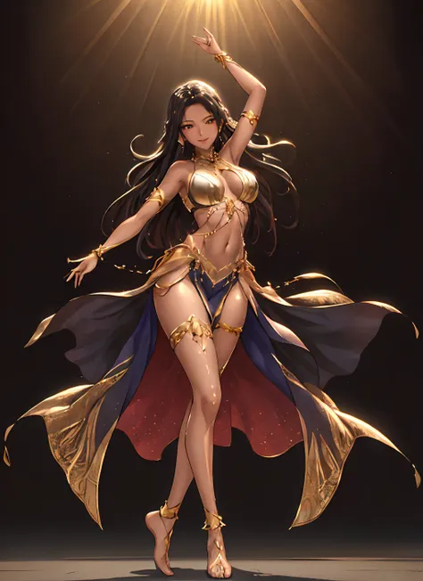 1girl ,dancer, long dress,wind,masterpiece, high quality,( stage),people,light particles,top light, bare shoulders, looking at viewer, thigh strap,anklet,(masterpiece:1.2),(best quality:1.2),shiny skin,dark skin, golden clothes,realistic, revealing clothes, detailed clothes features, dancing,smile,standing on one leg,full body  ,detailed background<lora:HaremDancer_v1:0.7>