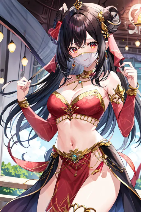 masterpiece, best quality, ornate, intricate, BREAK, 1girl, (face veil, mouth veil), dancer, bride, tropical palace, shiny skin, (see-through), smile, looking at viewer, <lora:Harem Dancer:0.9>
