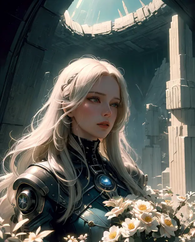 (Cinematic Photo:1.3) of (Realistic:1.3),(Romantic:1.3) girl with super long blonde beautiful hair, hair becoming flowers, Photograpy, realistic, woman female beautiful, white hair, epic hyper-detailed masterpiece ultra-wide angle, cinematic still, glamour shoot,Highly Detailed,(Crystal Cubism:1.3),(Magical Realism:1.3),(Realism:1.3),((retrofuturism)),(science fiction),dystopian Art,ultrafine,detailed,future tech,by Clarence Holbrook CArter,by Ed Emshwiller,CGSociety,ArtStation contest winner,trending on ArtStation,DeviantArt contest winner,Fallout