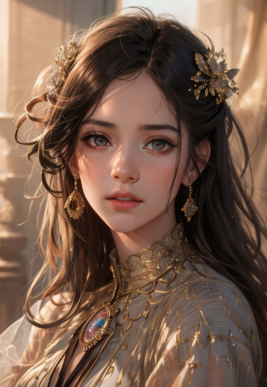A woman with long hair wearing a gold dress and a tia - SeaArt AI