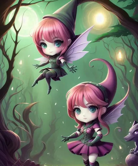 witch, super cute spider with big bright eyes, digital painting, dreamlike, intricate details, sharp focus, trending on artstation, art by lois van baarle and loish and ross tran and rossdraws and sam yang and samis arts and artgerm, fairy tales, pixar, disney, dreamworks style, surrounded by magical fairies in a dreamlike forest, (Chibi:1,3)