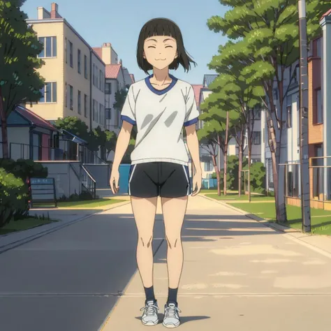 masterpiece,high quality,solo,school,outdoors,
<lora:Riko'sfriend001:0.7>,closed eyes,:3,smile,
Riko'sfriend,1girl,
gym shirts,gym shorts,
full body,
