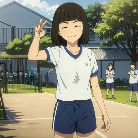 masterpiece,high quality,solo,school,outdoors,
closed eyes,:3,smile,
Riko'sfriend,1girl,
gym shirts,gym shorts,