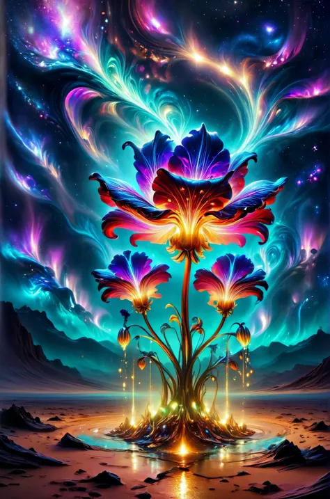 horror-themed ethereal fantasy concept art of breathtaking a delicate flower growing in the middle of the desert <lora:ColorART:0.8> ColorART, colorful <lora:alienzkin:0.5> alienzkin <lora:DonMASKTexXL:0.7> DonMASKTexXL , masterpiece, award-winning, professional, highly detailed, magnificent, celestial, ethereal, painterly, epic, majestic, magical, fantasy art, cover art, dreamy, eerie, unsettling, dark, spooky, suspenseful, grim, highly detailed