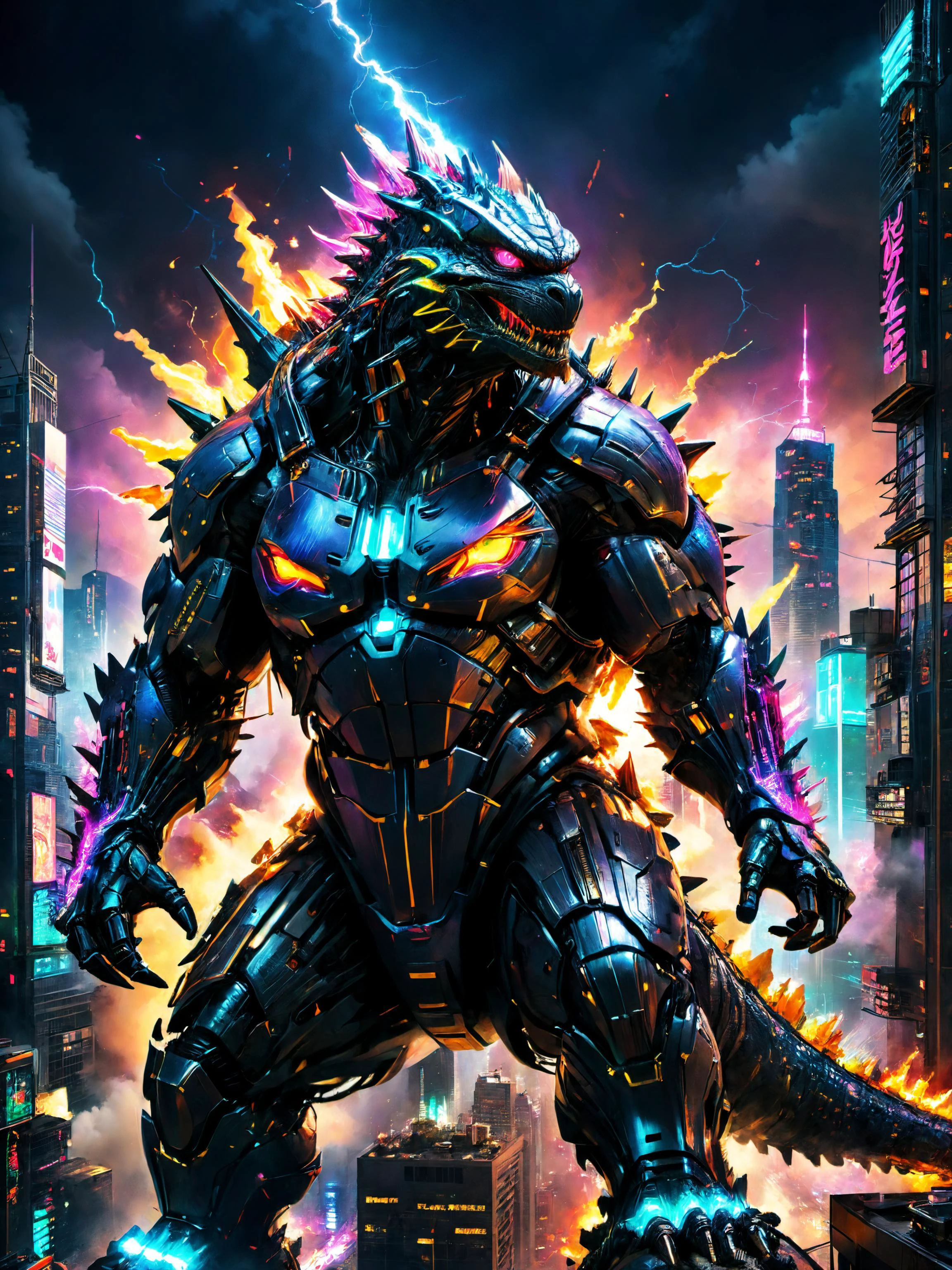 (best quality, masterpiece, colorful, dynamic angle, highest detailed), (8k, photo realistic),
cyberpunk style, triadic colors, cyberpunk setting, cyberpunk city, miniature city,
colossal godzilla shooting fire into sky,
gigantic, neon accents, metallic, cybernetic, robotic eyes, lightning, atop city, metallic spikes,
<lora:xl_more_art-full_v1:0.6>, nighttime, <lora:add-detail-xl:0.5>, <lora:ColorART:0.5> ColorART