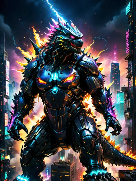 (best quality, masterpiece, colorful, dynamic angle, highest detailed), (8k, photo realistic),
cyberpunk style, triadic colors, cyberpunk setting, cyberpunk city, miniature city,
colossal godzilla shooting fire into sky, 
gigantic, neon accents, metallic, cybernetic, robotic eyes, lightning, atop city, metallic spikes,
<lora:xl_more_art-full_v1:0.6>, nighttime,  <lora:add-detail-xl:0.5>,  <lora:ColorART:0.5> ColorART