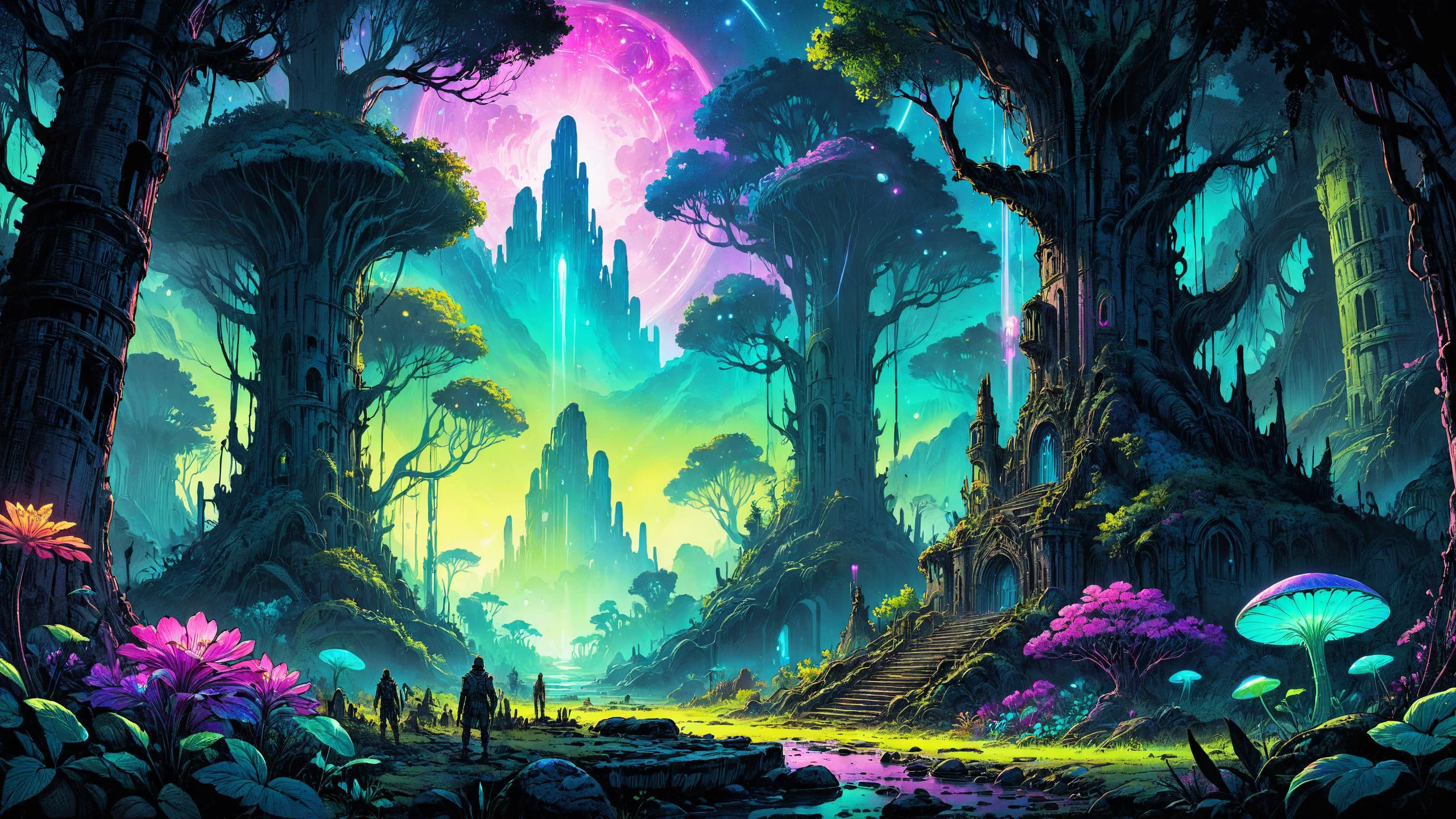 The ruins of an alien civilization, Enchanted groves alive with sentient flora in the background, <lora:great_lighting:0.4> great lighting, Neon Lighting, <lora:InkArtXL_1.2:0.7> ink art, line art, <lora:ColorART:0.7> ColorART