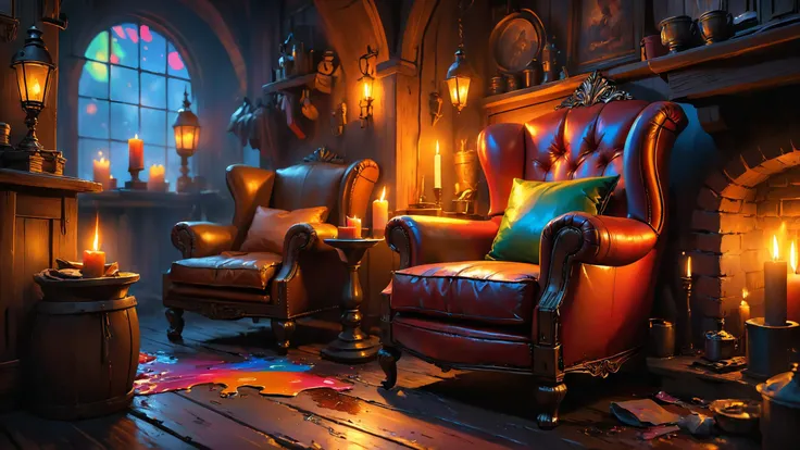 Fireside nook with worn leather armchairs, Gorgeous splash of vibrant paint,, candle light, ColorART, sharp focus, Highly Detailed, Cinematic Lighting, HD, Artstation, Deviantart, Steven Artgerm Lau, WLOP, Rossdraws <lora:gorgoeus_splash_of_vibrant_paint:0.7> <lora:MJ52:0.4> <lora:ColorART:0.7> <lora:detailed_notrigger:0.8>