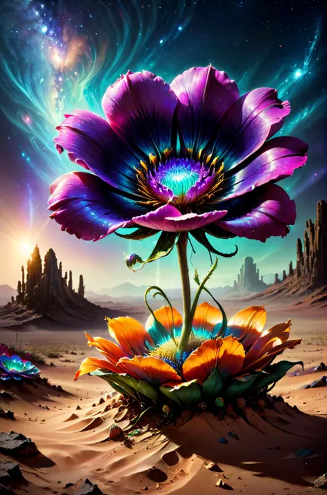 ethereal fantasy concept art of horror-themed breathtaking a single delicate flower growing in the middle of the desert <lora:ColorART:0.8> ColorART, colorful <lora:alienzkin:0.4> alienzkin <lora:DonMASKTexXL:0.6> DonMASKTexXL , masterpiece, award-winning, professional, highly detailed, eerie, unsettling, dark, spooky, suspenseful, grim, highly detailed, magnificent, celestial, ethereal, painterly, epic, majestic, magical, fantasy art, cover art, dreamy